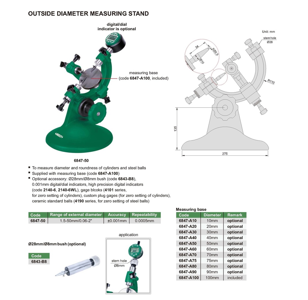 6847-50 OUTSIDE DIAMETER MEASURING STAND RANGE 1.5-50MM/0.06-2"  (CAT A) INSIZE