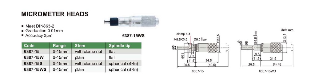6387-15WS MICROMETER HEAD RANGE 0-15MM READING 0.01MM  (CAT A) INSIZE