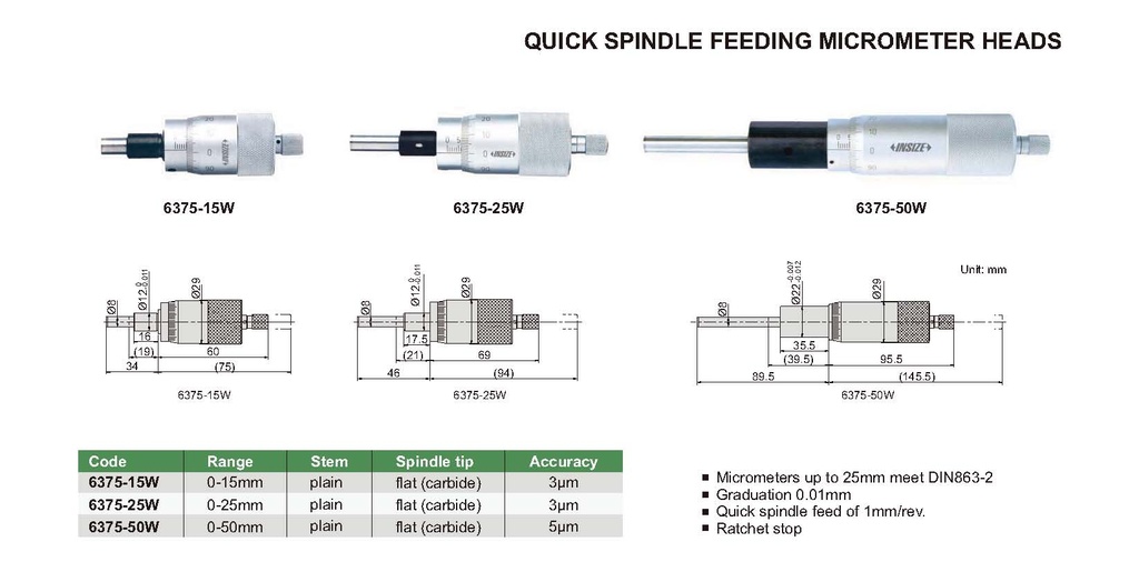 6375-50W QUICK SPINDLE FEEDING MICROMETER HEAD RANGE 0-50MM READING 0.01MM  (CAT A) INSIZE