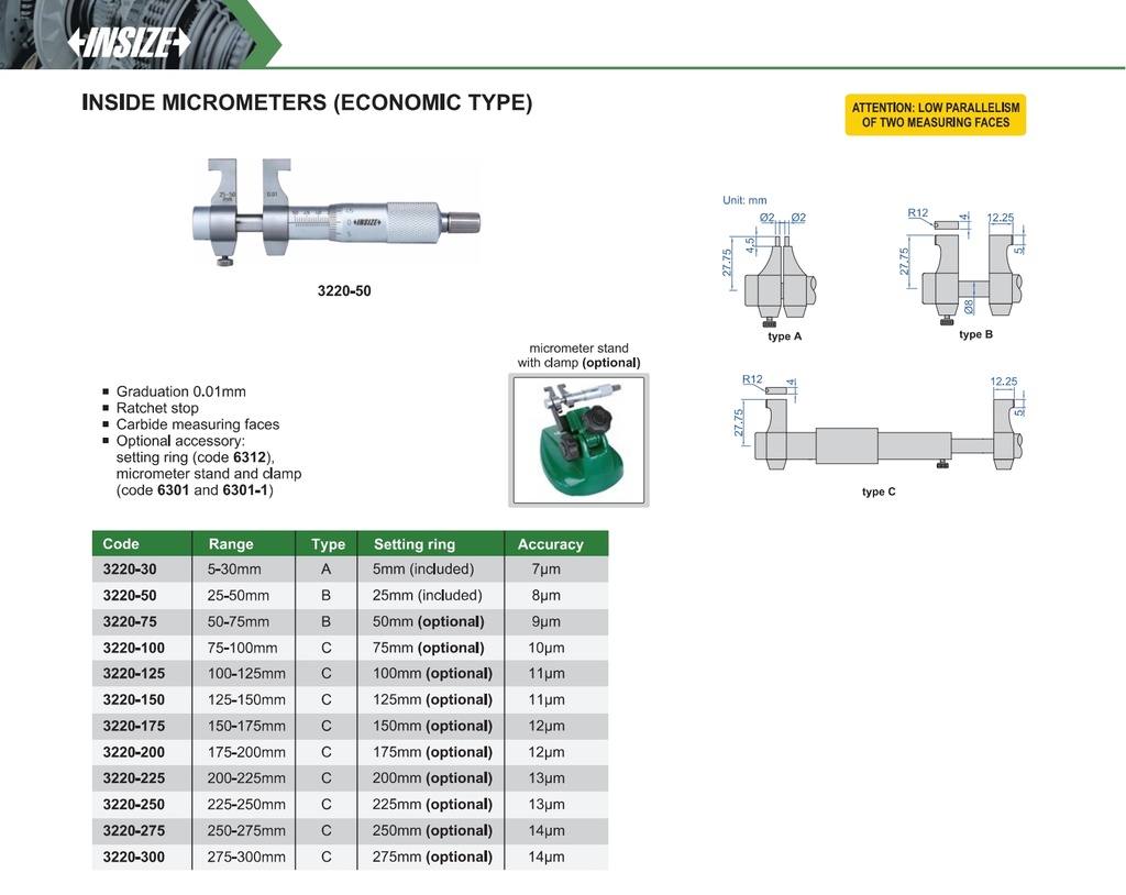 [3220-75] 3220-75 INSIDE MICROMETER (WITHOUT SETTING RING) RANGE 50-75MM READING 0.01MM  (CAT A) INSIZE
