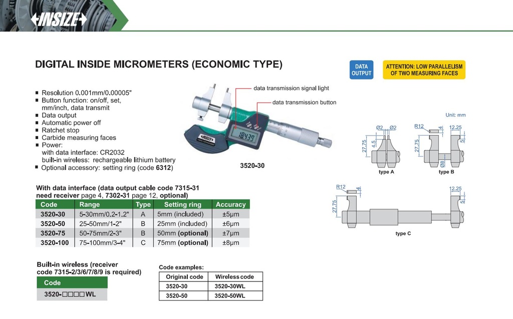 [3520-30] 3520-30 DIGITAL INSIDE MICROMETER (WITH SETTING RING) RANGE 5-30MM/0.2-1.2" READING 0.001MM/0.00005"  (CAT A) INSIZE