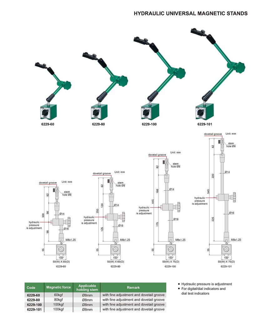 6229-60 HYDRAULIC UNIVERSAL MAGNETIC STAND RANGE 60KGF  (CAT A) INSIZE