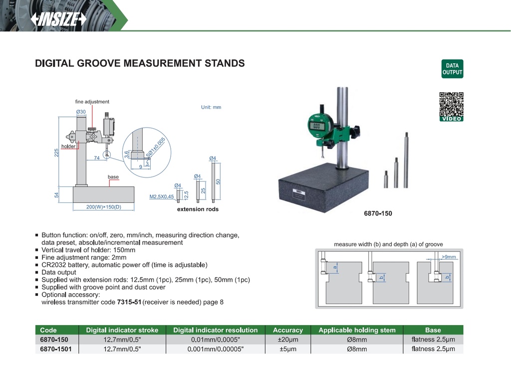 6870-1501 DIGITAL GROOVE MEASUREMENT STAND  (CAT A) INSIZE