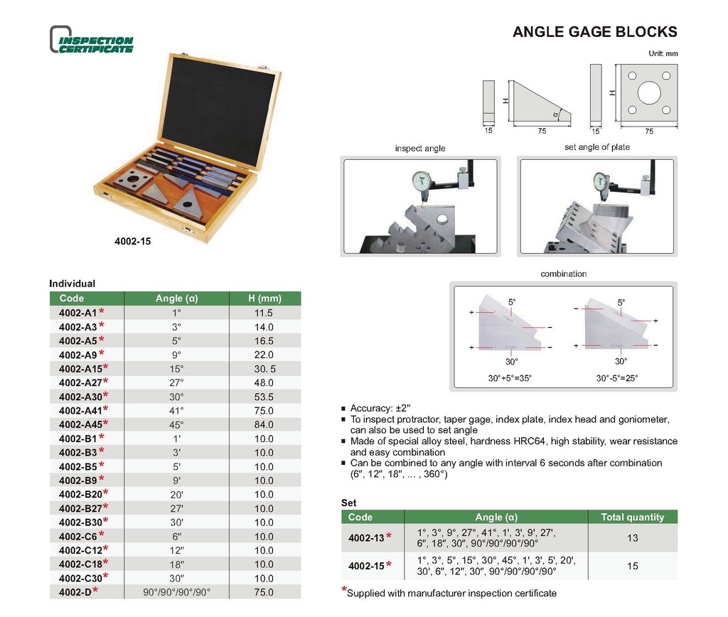 [4002-15] 4002-15 ANGLE GAGE BLOCK SET RANGE 15PCS  (CAT A) INSIZE