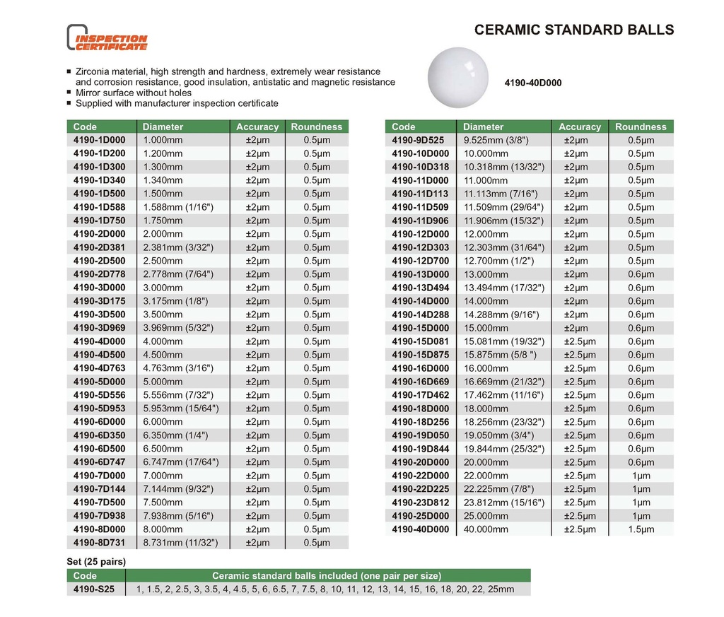 4190-3D500 CERAMIC STANDARD BALL RANGE 3.500MM READING ±1ΜM  (CAT A) INSIZE