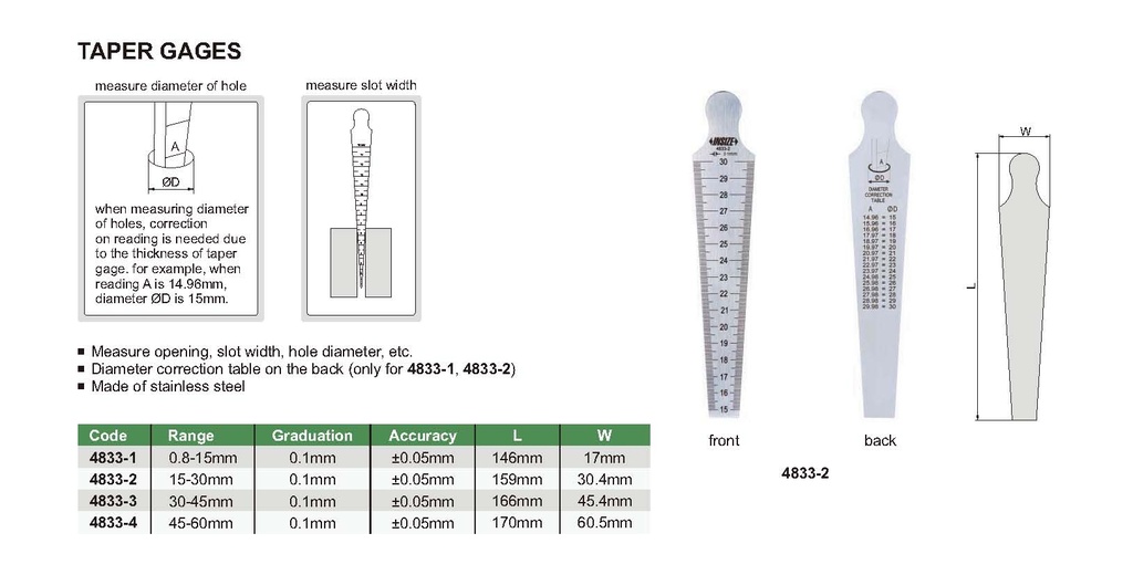 4833-4 TAPER GAGE RANGE 45-60MM (1-13/16"~2-3/8") READING 0.1MM (1/64")  (CAT A) INSIZE