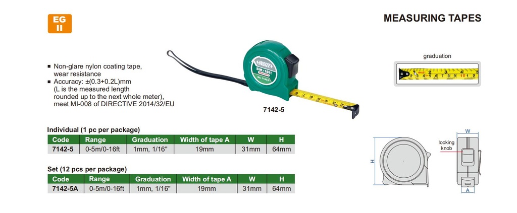 7142-5 MEASURING TAPE RANGE 0-5M/0-16FT  (CAT A) INSIZE