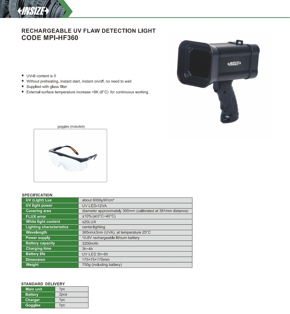 [MPI-HF360] MPI-HF360 RECHARGEABLE UV FLAW DETECTION LIGHT RANGE 6000ΜW/CM2  (CAT A) INSIZE