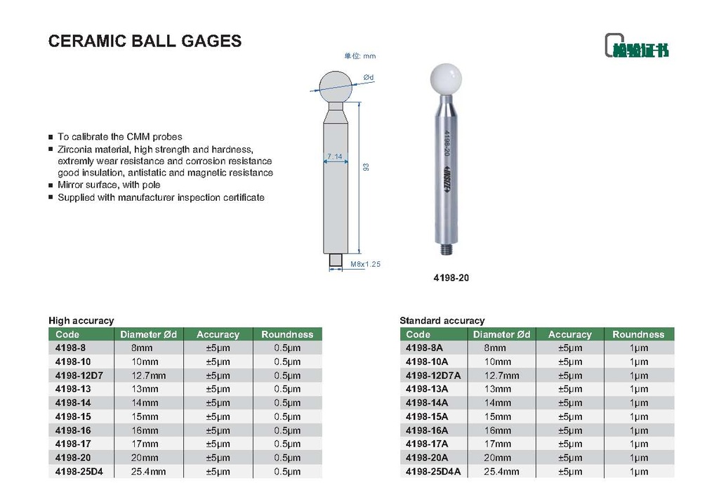 4198-25D4 CERAMIC BALL GAGE RANGE 25.4MM READING 0.5ΜM  (CAT A) INSIZE