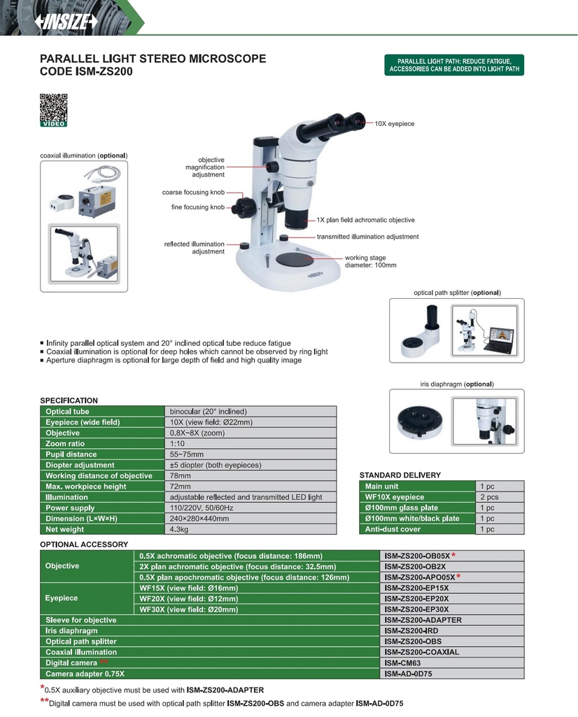 ISM-ZS200 PARALLEL LIGHT STEREO MICROSCOPE  (CAT A) INSIZE
