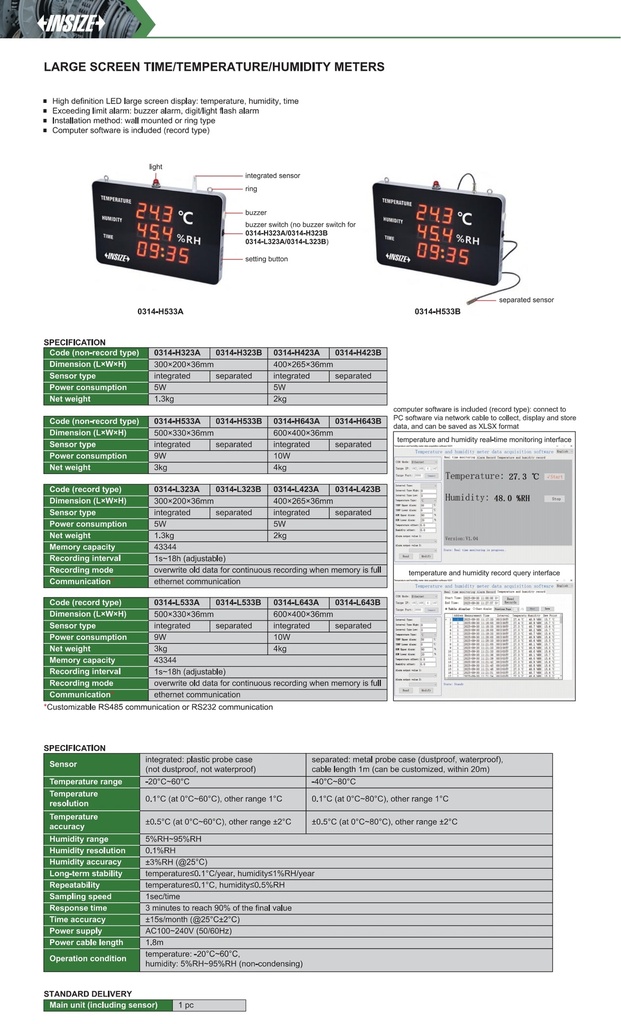 [0314-H643B] 0314-H643B LARGE SCREEN TEMPERATURE AND HUMIDITY METER RANGE -40°С~85°С READING 0.1°С/1°С  (CAT A) INSIZE