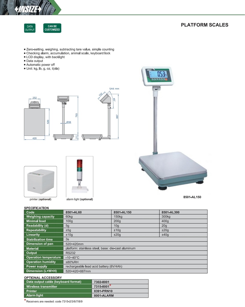 8501-AL300 PLATFORM SCALE RANGE 300KG READING 20G  (CAT A) INSIZE