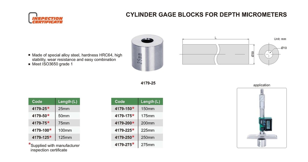 4179-4 CYLINDER GAGE BLOCKS FOR DEPTH MICROMETER RANGE 4"  (CAT A) INSIZE