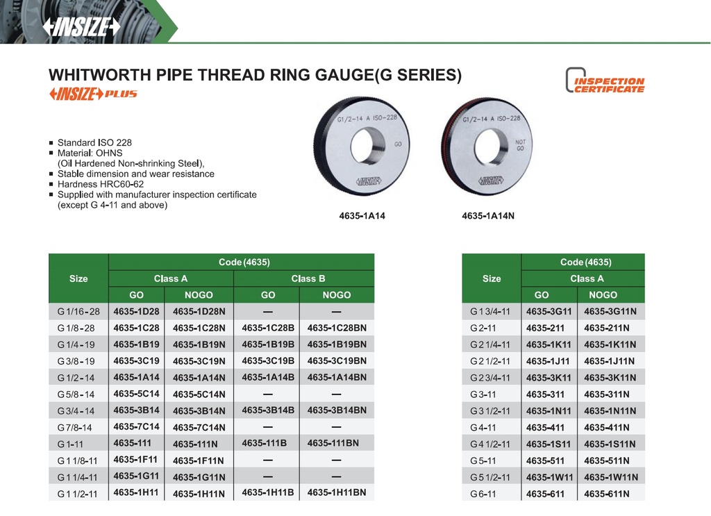 4635-1G11N WHITWORTH PIPE THREAD RING GAGE (G SERIES), NOGO (A, ISO228) RANGE G 1.1/4 - 11  (CAT A) INSIZE