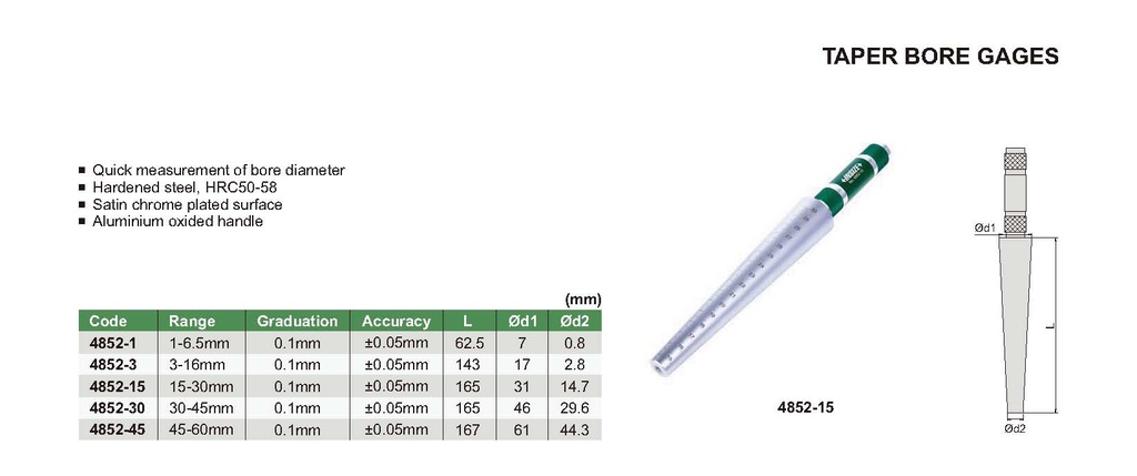 4852-E30 TAPER BORE GAGE RANGE 1.2-1.8" READING .005"  (CAT A) INSIZE