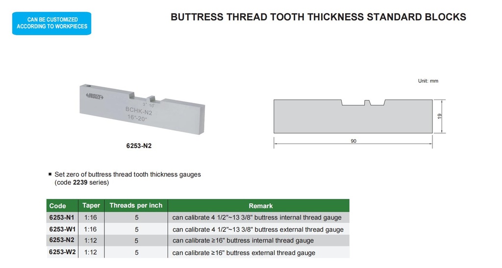 6253-W2 BUTTRESS THREAD TOOTH GAGE STANDARD BLOCK (OPTIONAL)  (CAT A) INSIZE