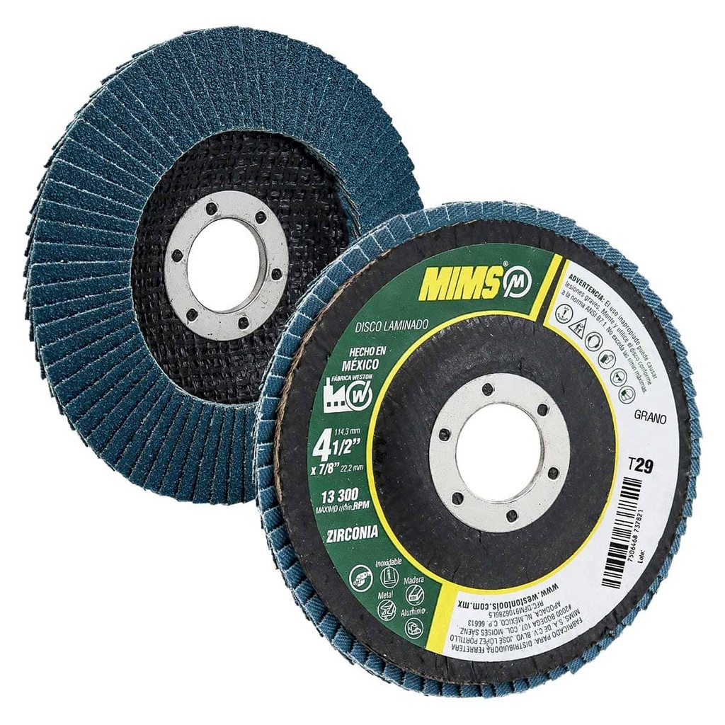 DISCO LAMINADO ZIRCONIA MIMS (Z60) 4-1/2" X 7/8" T29 (Precio x pieza - Empaque c/10 pzas) WESTON