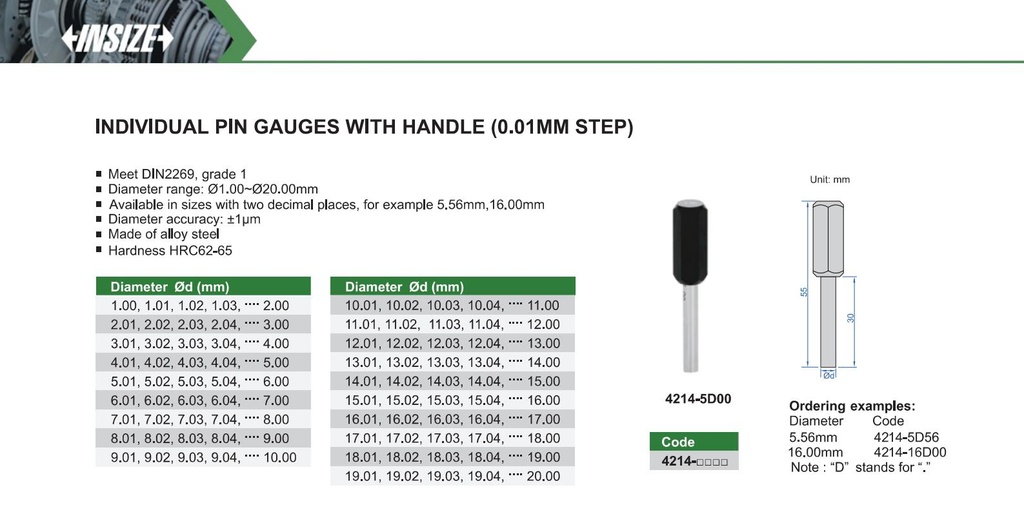 4214-4D89 INDIVIDUAL PIN GAUGES WITH HANDLE (0.01MM STEP) 4.89mm  (CAT A ) INSIZE