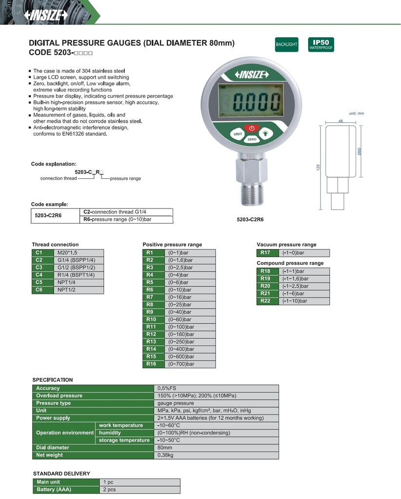 5203-N12Y16 DIGITAL PRESSURE GAUGE (DIAL DIAMETER 80mm) (0-1.6)MPa 0.001MPa (CAT A ) INSIZE