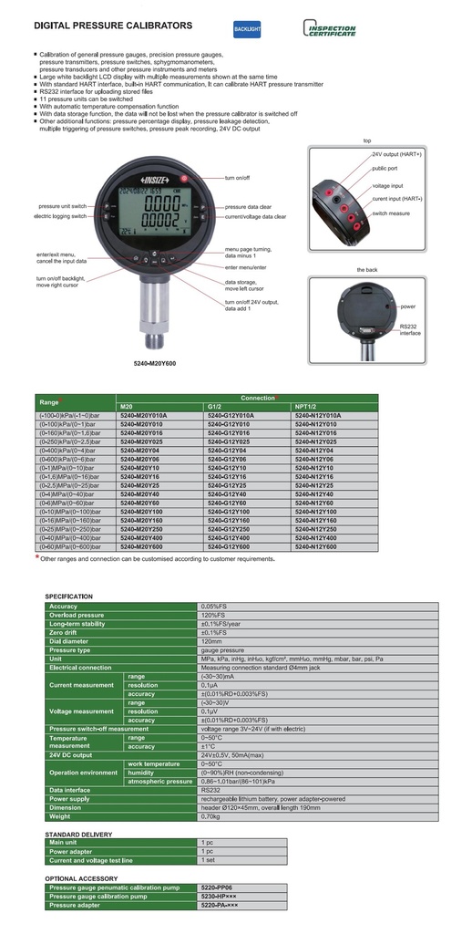 5240-N12Y025 DIGITAL PRESSURE CALIBRATOR (0-250)kPa/(0~2.5)bar  (CAT B ) INSIZE