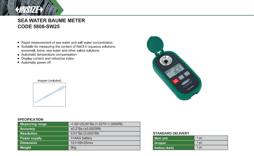 5808-SW25 SEA WATER BAUME METER -1.00~25.00°Bé (1.3270~1.3950RI) 0.01°Bé (0.0001RI) (CAT A ) INSIZE