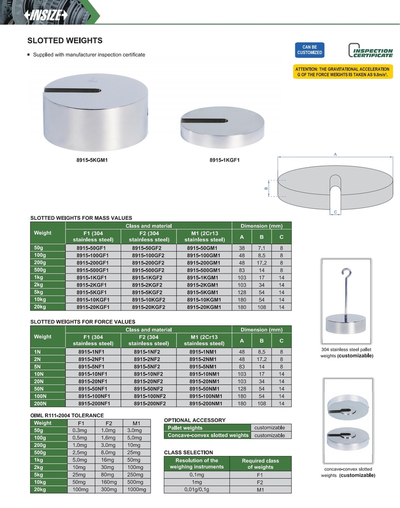 8915-50NM1 SLOTTED WEIGHTS FOR FORCE VALUE (M1, 2Cr13 stainless steel) 50N  (CAT A ) INSIZE