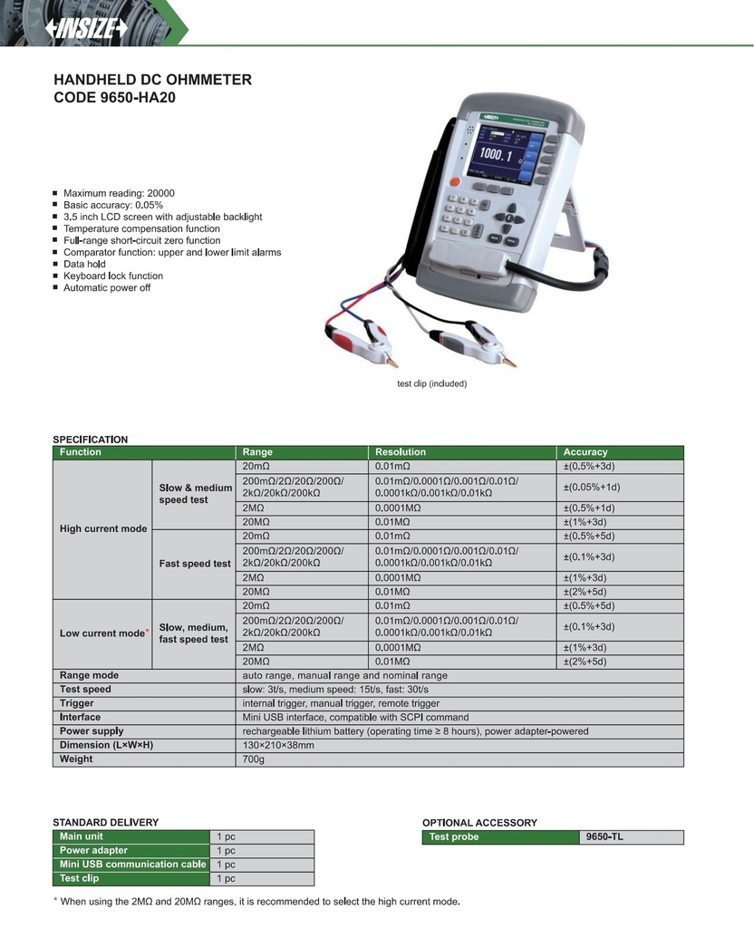 9650-HA20 HANDHELD DC OHMMETER   (CAT A ) INSIZE