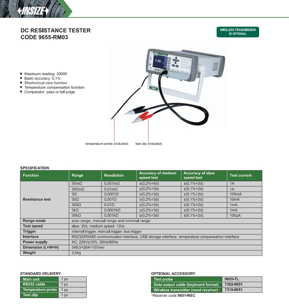 9655-RM03 DC RESISTANCE TESTER   (CAT A ) INSIZE