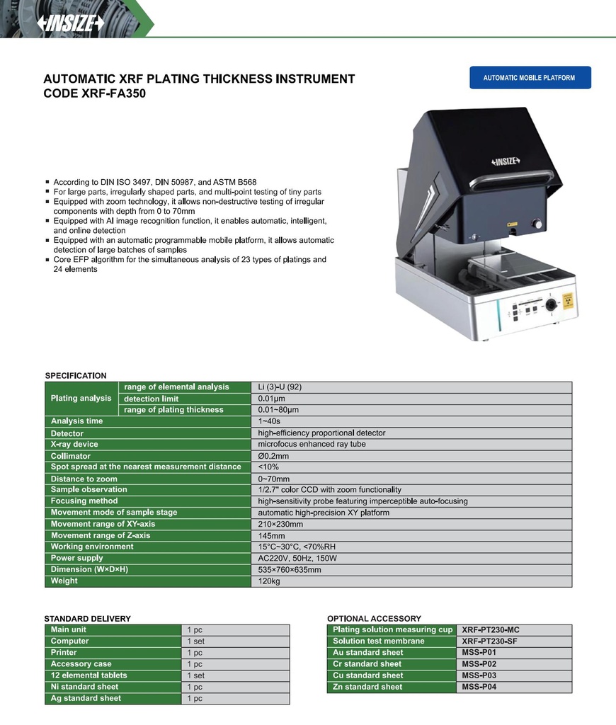 XRF-FA350 AUTOMATIC XRF PLATING THICKNESS INSTRUMENT   (CAT B ) INSIZE