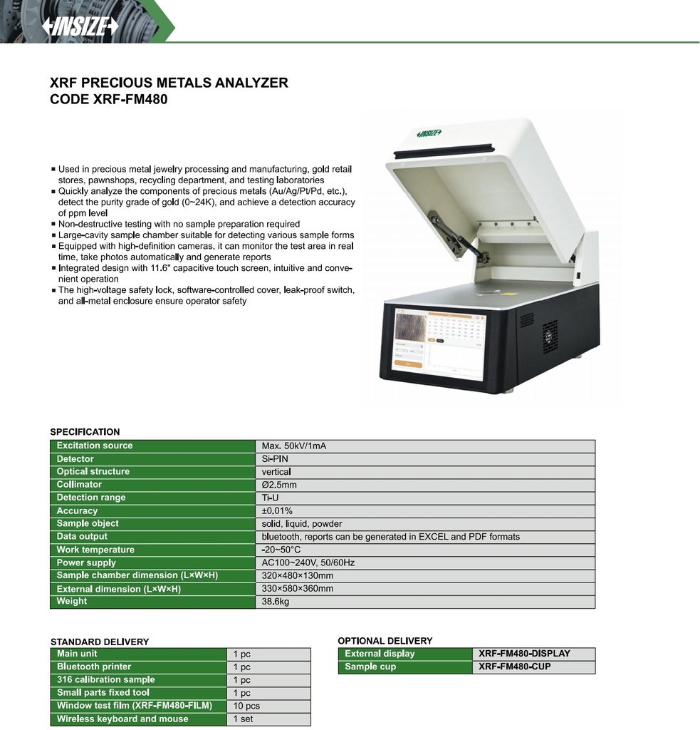 XRF-FM480 XRF PRECIOUS METALS ANALYZER Ti~U  (CAT B ) INSIZE
